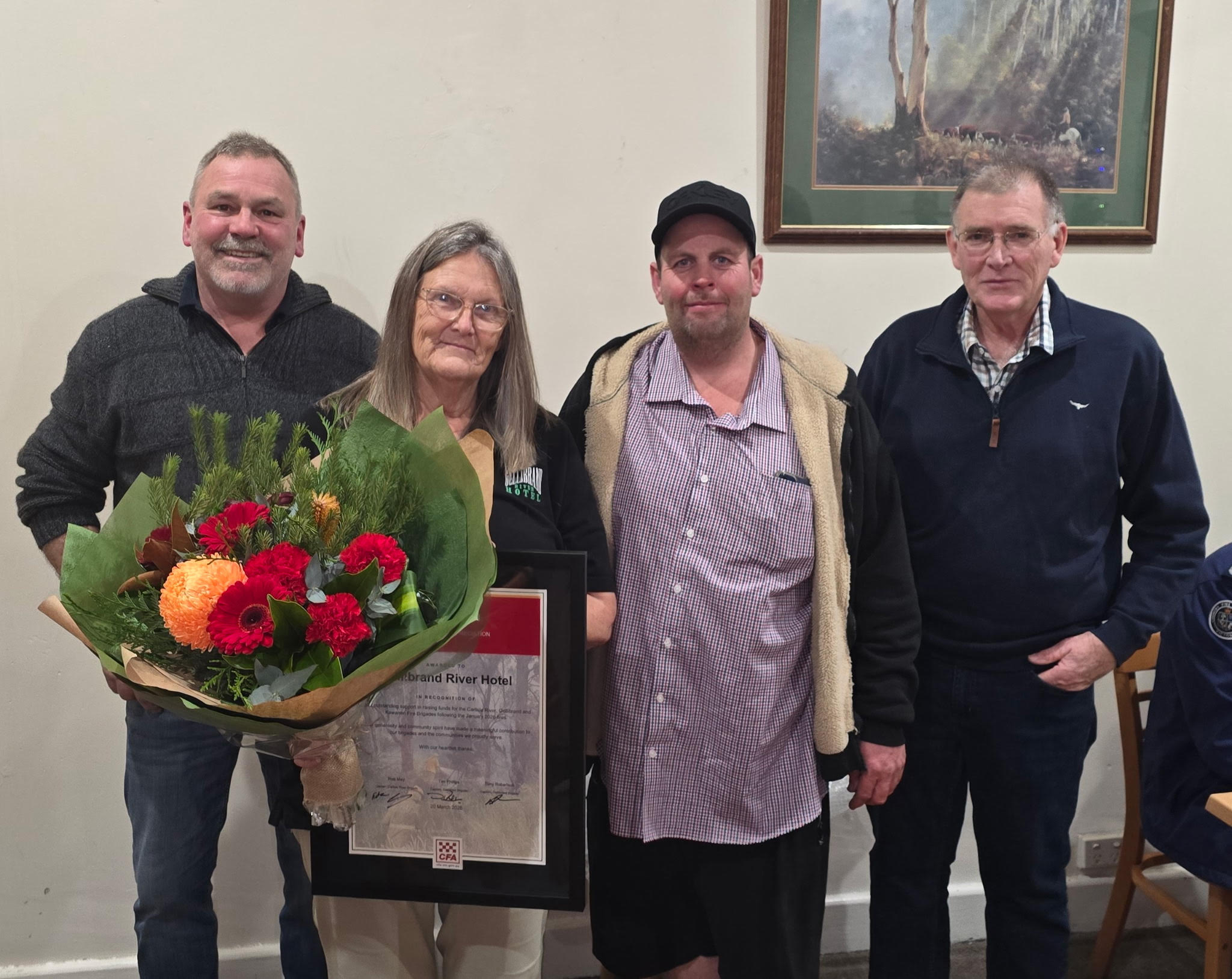 (L-R) Kawarren Captain Tim Phillps, Gellibrand Hotel Owner Dorthe Koorn, Carlisle River Captain Rob May and Gellibrand Captain Tony Robertson.